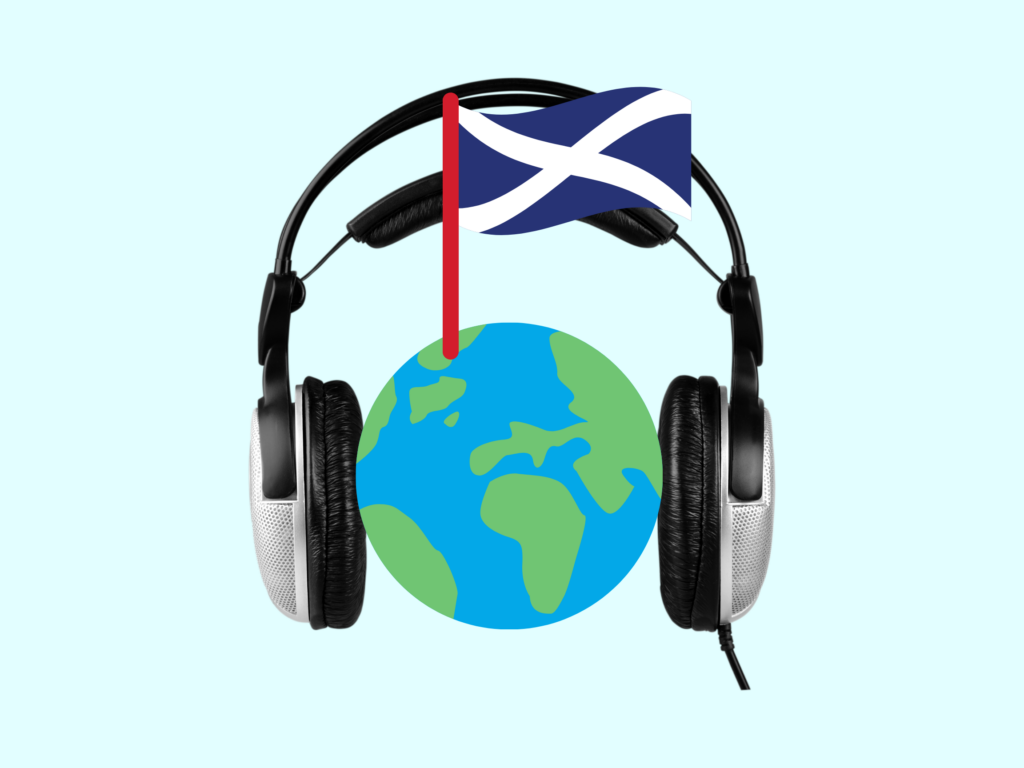 earth with headphones and scottish flag